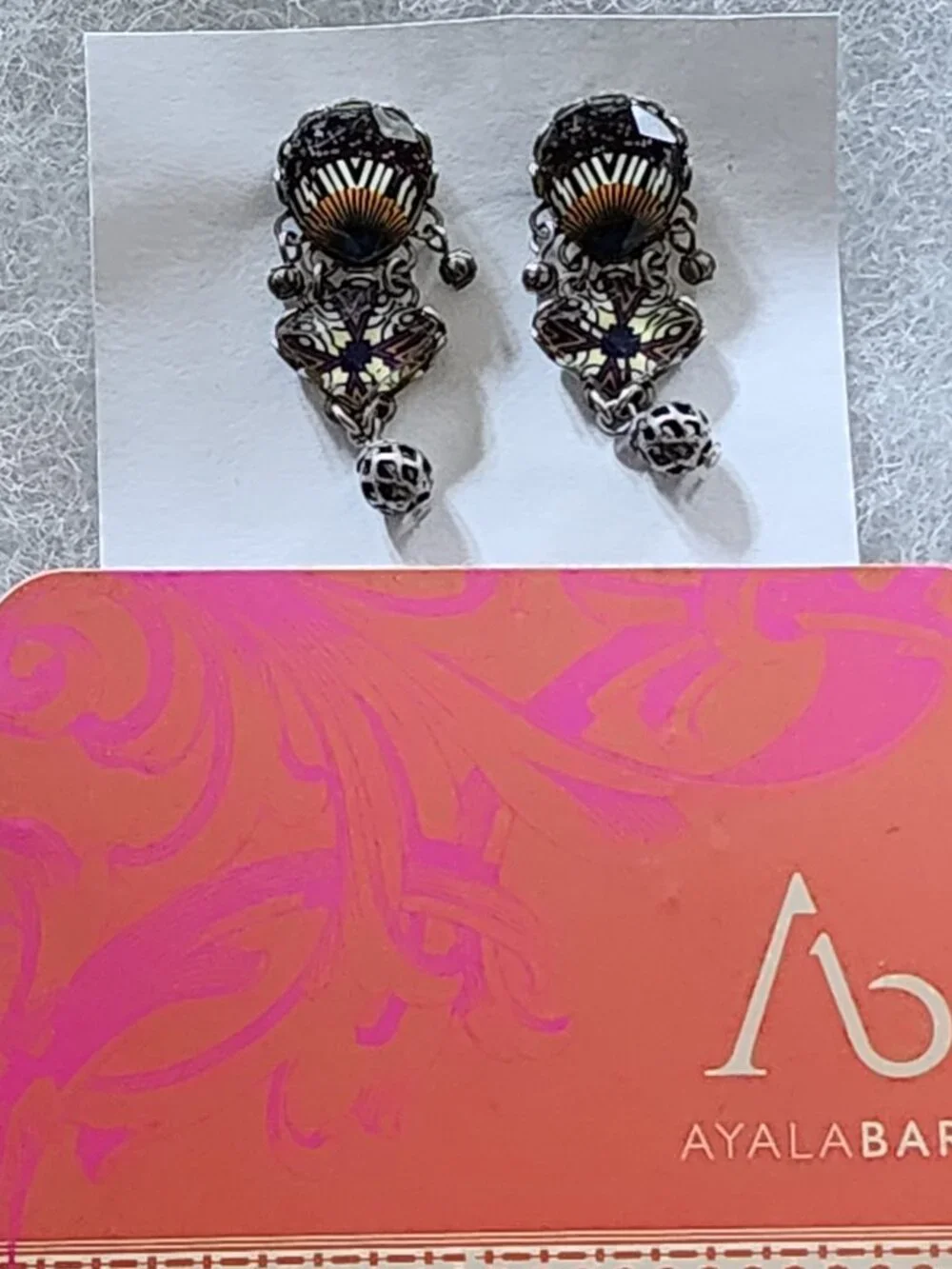 OOAK Ayala Bar Handcrafted, Fabric Inlay, Faceted Lucite & Metal Bead Earrings!! - Picture 3 of 16